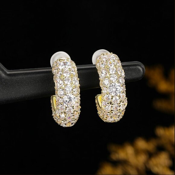 Yellow Gold C-Shape Cubic Zirconia Stud Earrings with Sparkle & Hypoallergenic F - Picture 3 of 7